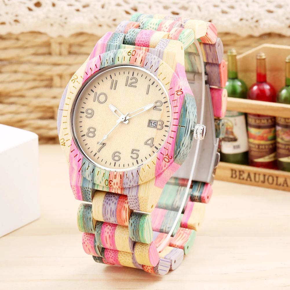 

Calendar Arabic Numerals Dial Men's Full Bamboo Quartz Wristwatch Colorful Wristband Folding Clasp Stylish Wooden Watch Male