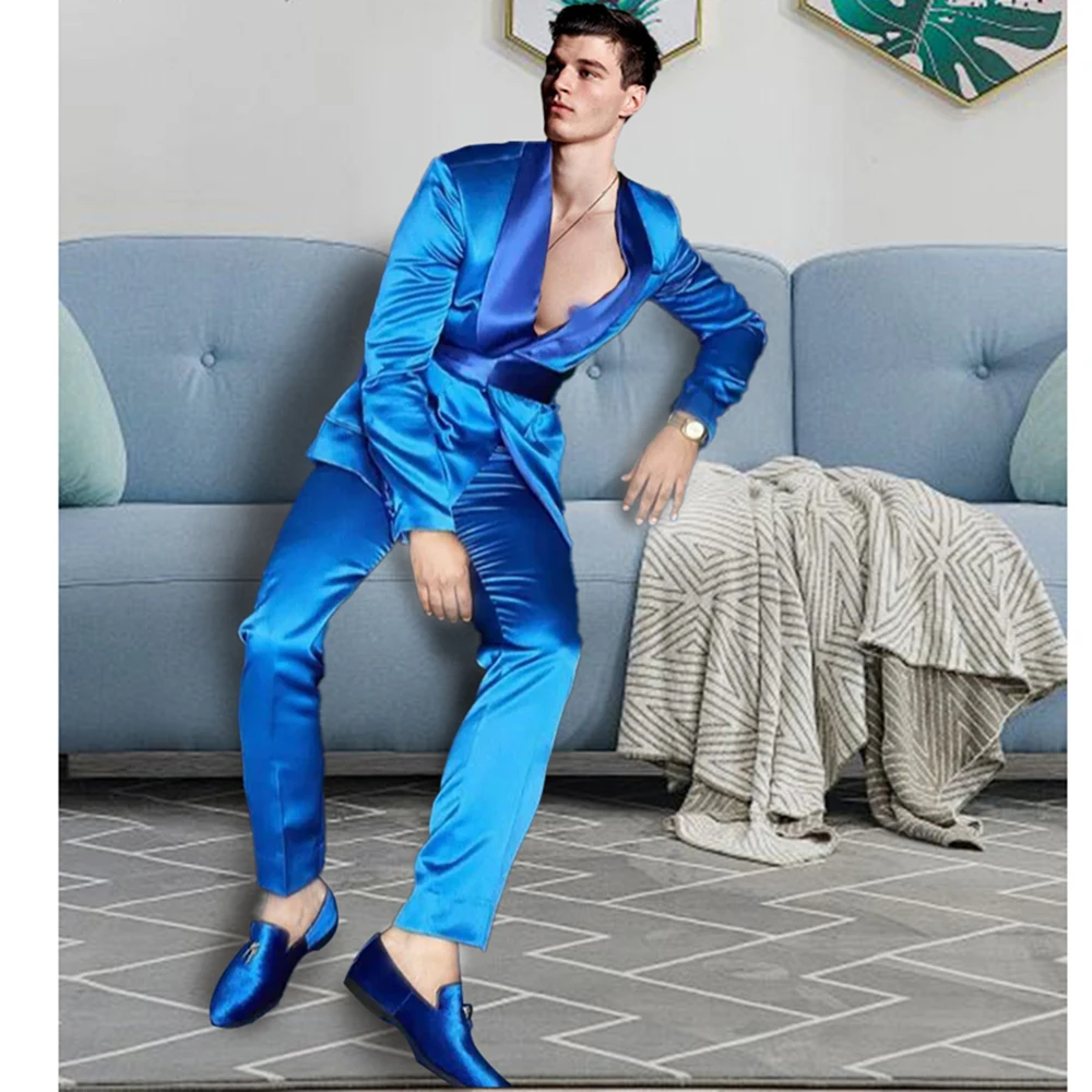 멋진 블루 남성 정장, 무도회 파티 시크 2 피스 재킷 바지 세트, 포멀 웨딩 신랑 2 피스 재킷 바지 남성 의류 