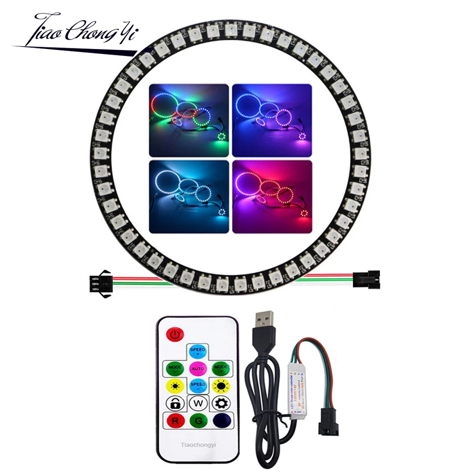 

Пиксельные кольцевые модули WS2812B RGB 8/16/24/35/45 Led s, индивидуальная Адресуемая лампа постоянного тока 5 В, 14 клавиш, комплект RF LED контроллера