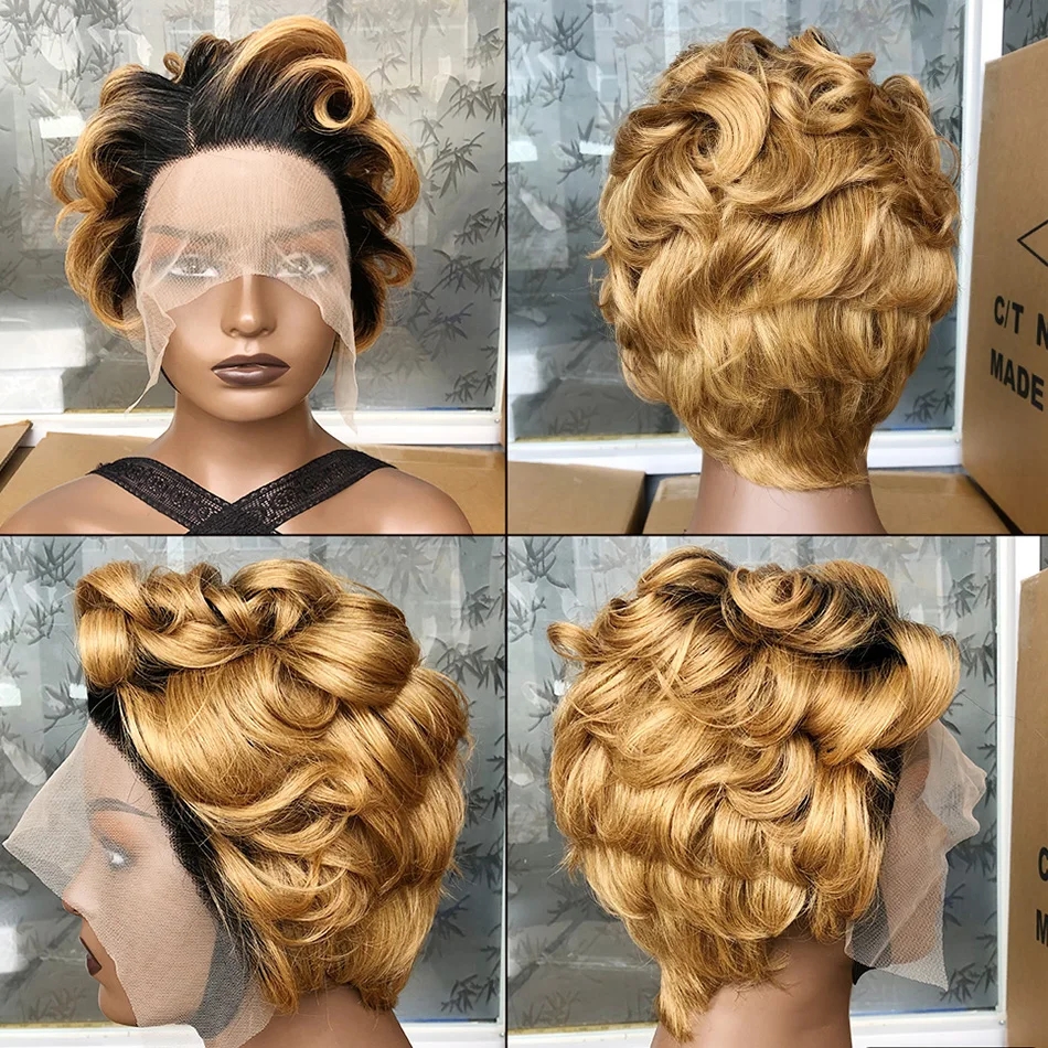 

DreamDiana 100% Malaysian Curly Frontal Lace Wigs Short Pixie Cut Human Hair Wig Ombre Blond Bob Curly Lace Frontal T Part Wigs