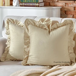 Set of 2 Soft Cotton Ruffle Decor Pillow Covers - 2Pcs 66X66cm (Beige)