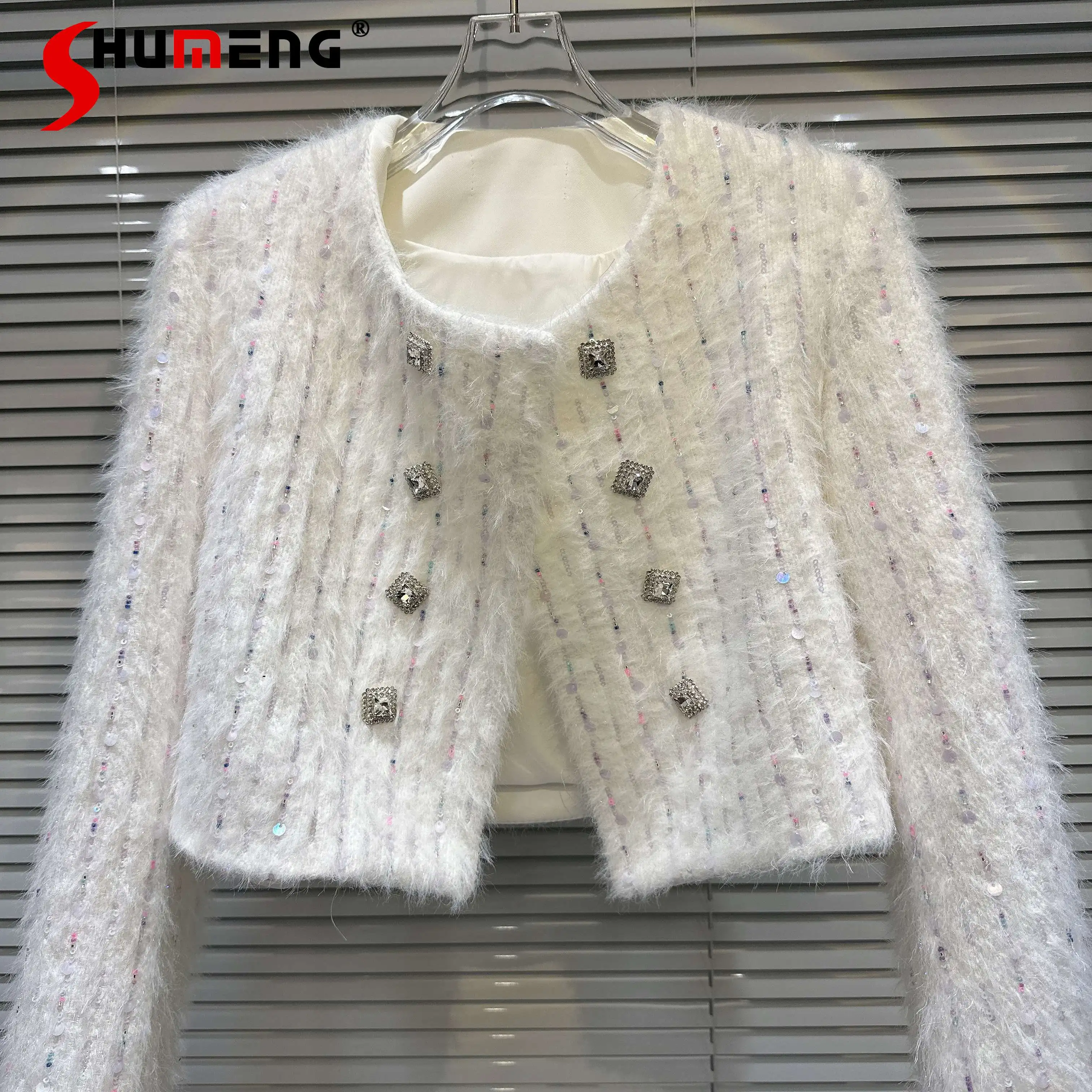 

Fashion 2023 New Women's Autumn Short Coats Cuff Sequined Feminine Jackets Mink Fur Solid Color All-match Long-Sleeved Tops
