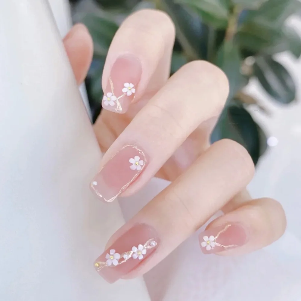 Uñas postizas con flor blanca de verano, uñas postizas coreanas de  cobertura completa, cuadradas acrílicas coreanas, 24 unids/caja con  pegamento de prensa| | - AliExpress