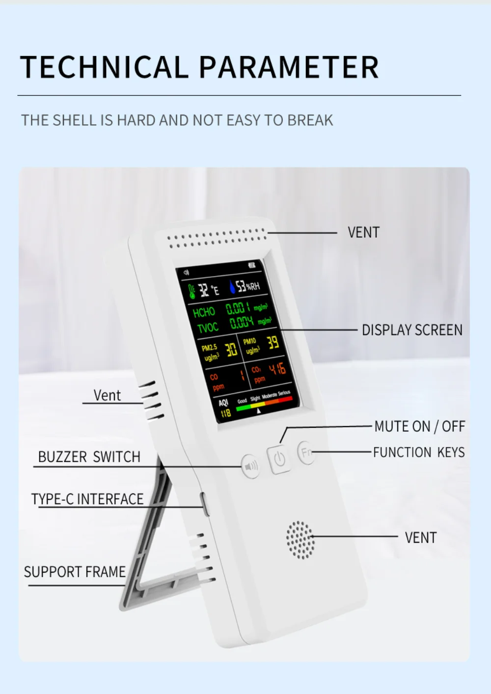 An indoor environment bed with a built-in air quality detector displaying the TVOC level.