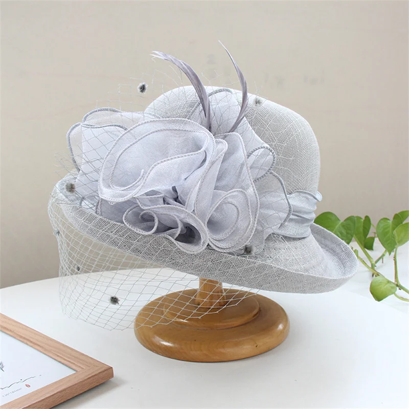 Nowe letnie Kentucky Derby kapelusze przeciwsłoneczne dla kobiet spotkanie przy herbacie wesele kwiatowe Fedora cylinder z szerokim rondem eleganckie kwiatowe sukienka do kościoła kapelusze
