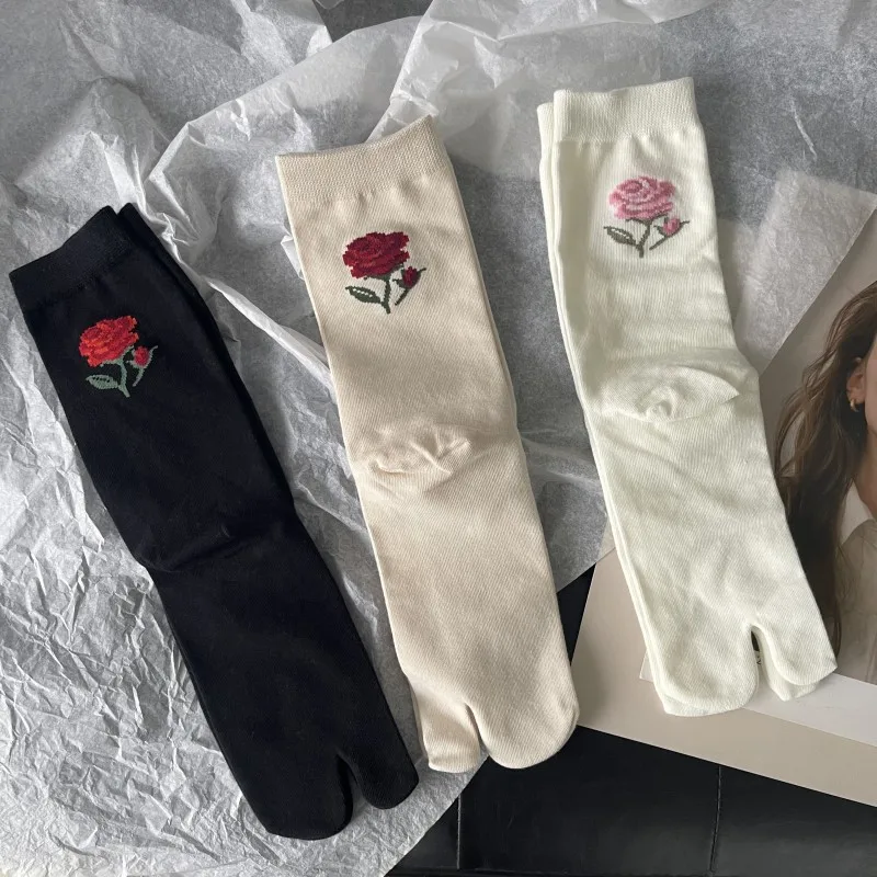 Frau Mode Elegante Retro Frühling Herbst Split Toe Baumwolle Socken Rose Blumen Muster Zwei-Zehen Einfarbig Mittleren Rohr Tabi sox – Detail 3