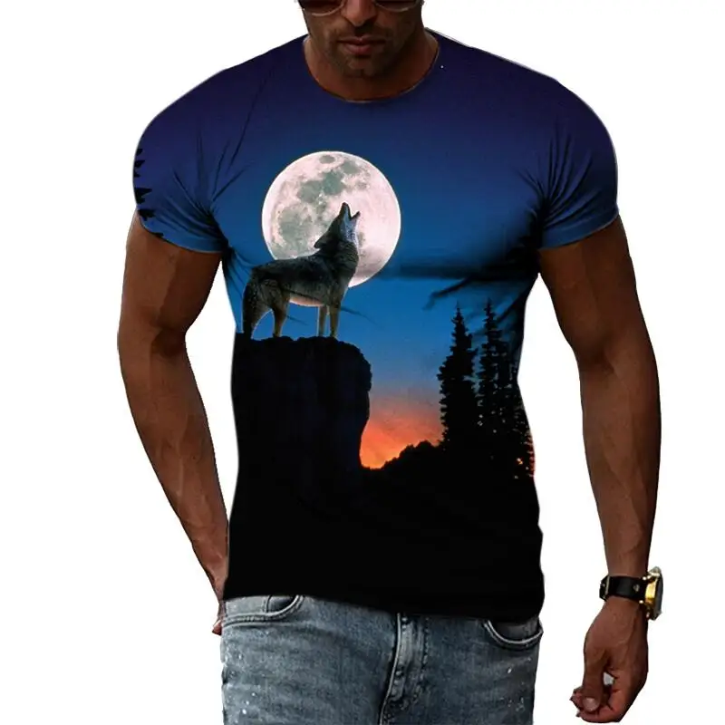 

New Tide Summer Fashion Coyote Picture T-shirts Casual Print Tees Hip Hop Personality Round Neck Short Sleev Tops