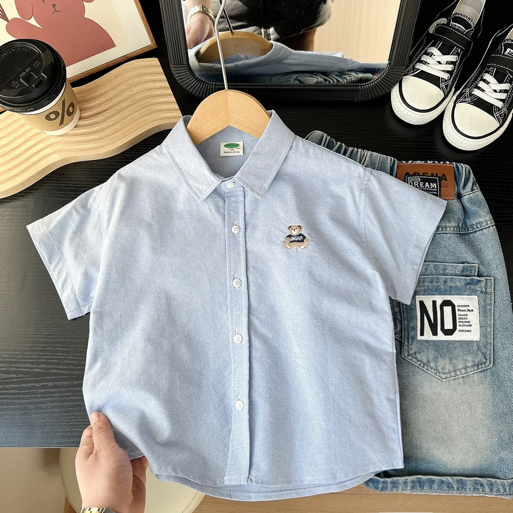 Summer Boys Cute Embroidery Bear Short Sleeve Blouse