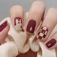 24Pcs Chinese Style Wine Red False Nails Short Almond With Jelly Glue Fake Nails Art Press on Tips Worn With Round Headed Nail