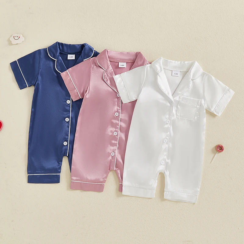 Description Picture 3 of itemBlotona Baby Boy Girl Satin Pajama Short Sleeve Button-up Solid Color Jumpsuit Cute Toddler Sleepwear