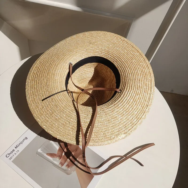 New Belt Strap Straw Sun Hat For Women Fashion Vacation Beach UV Hats Summer Wide Brim Travel Panama Hats Outdoor