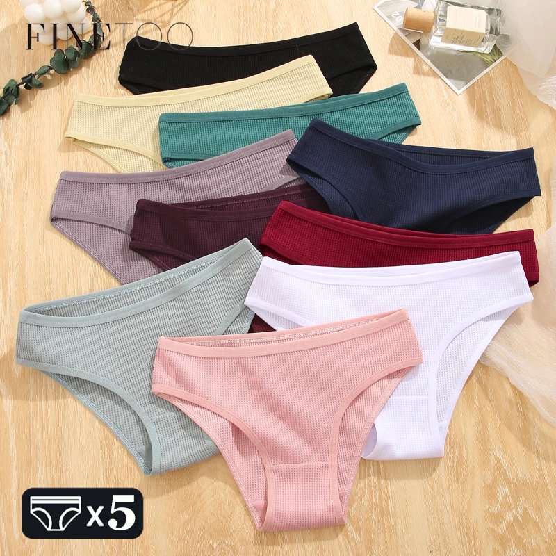Women Panties FINETOO 5Pcs Cotton Panties Breathable Underwear for Women Low-Waist Waffle Style Brief Female Comfortable Stretch Lingerie S-XL