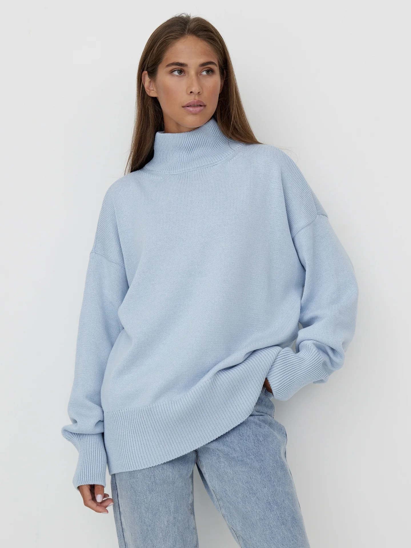 

RDMQ 2023 Women Semi Turtleneck Knitwear Solid Sweater Autumn Winter Loose Fit Raglan Sleeves Pullover Casual Elegant Outerwear