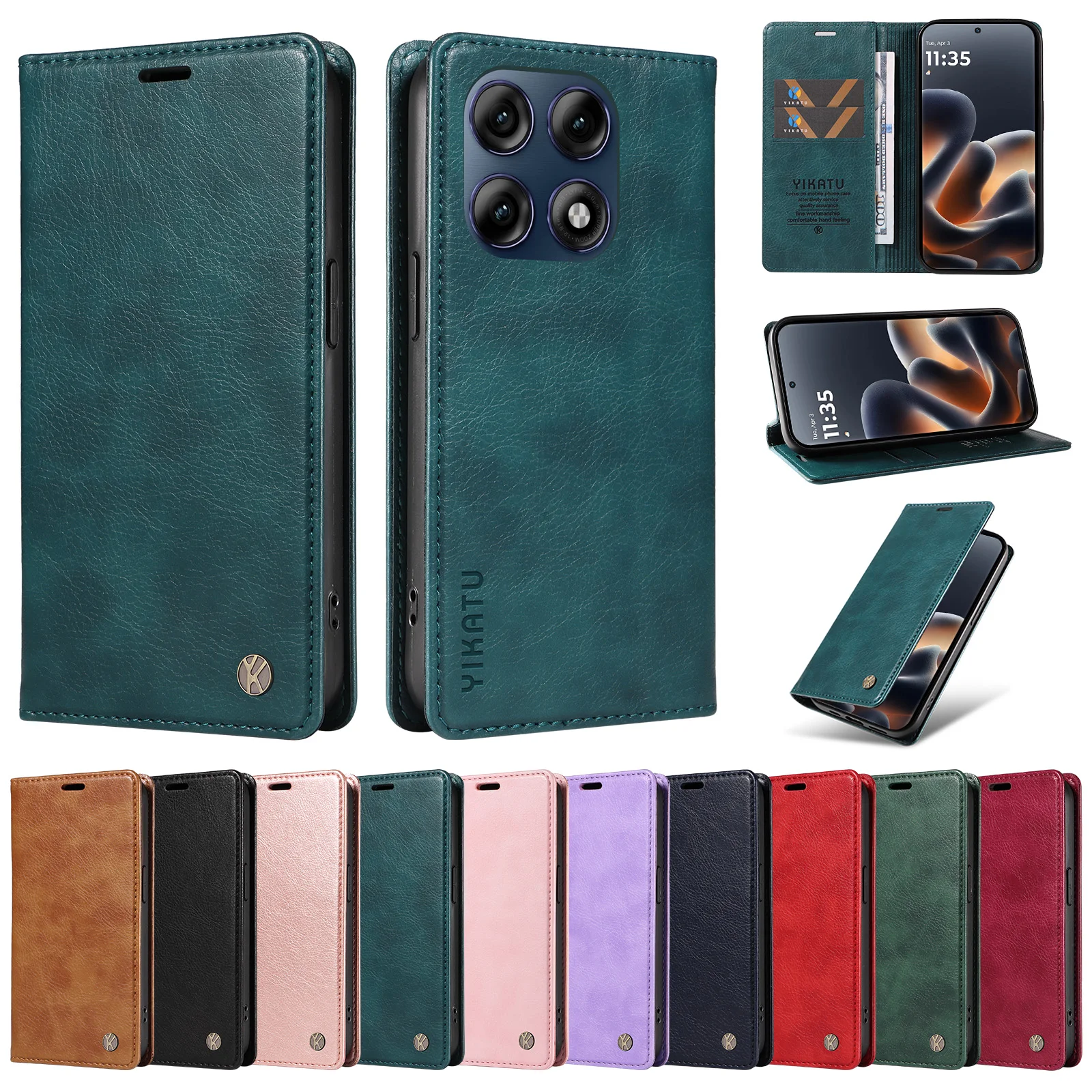 Elegant Leather Wallet Magnetic Flip Case with Lychee Grain Card Holder
