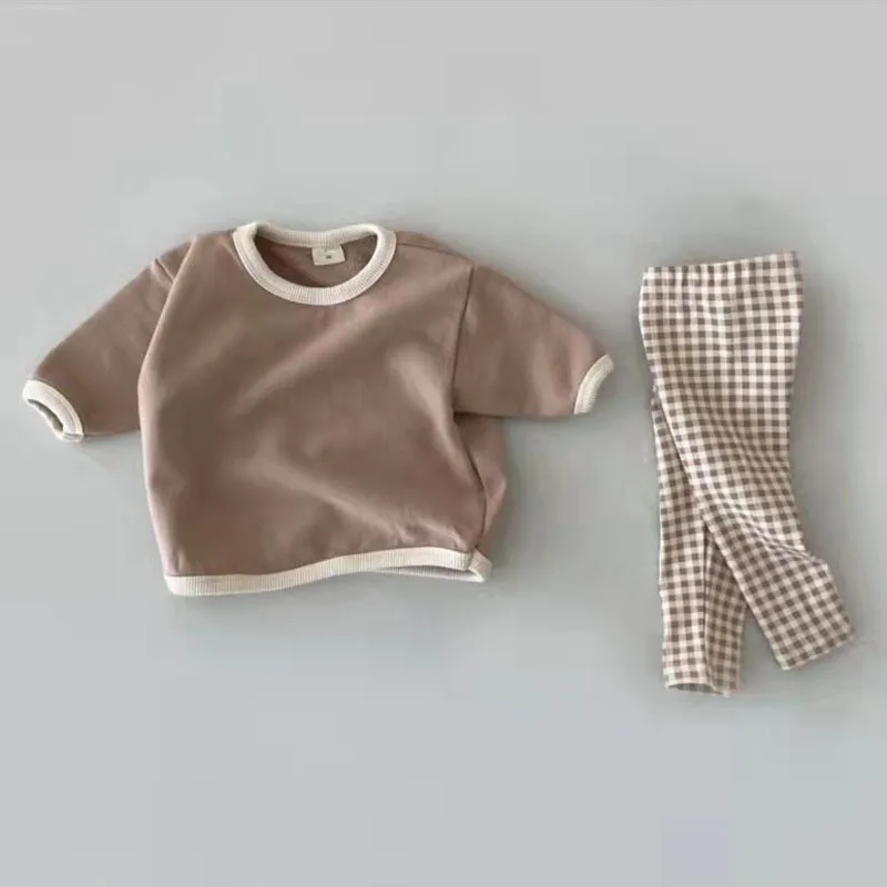Autumn New Baby Long Sleeve Clothes Set Infant Solid Casual Sweatshirt Set Boys Girls Plaid Pants Outfits Children 2pcs Suit 3