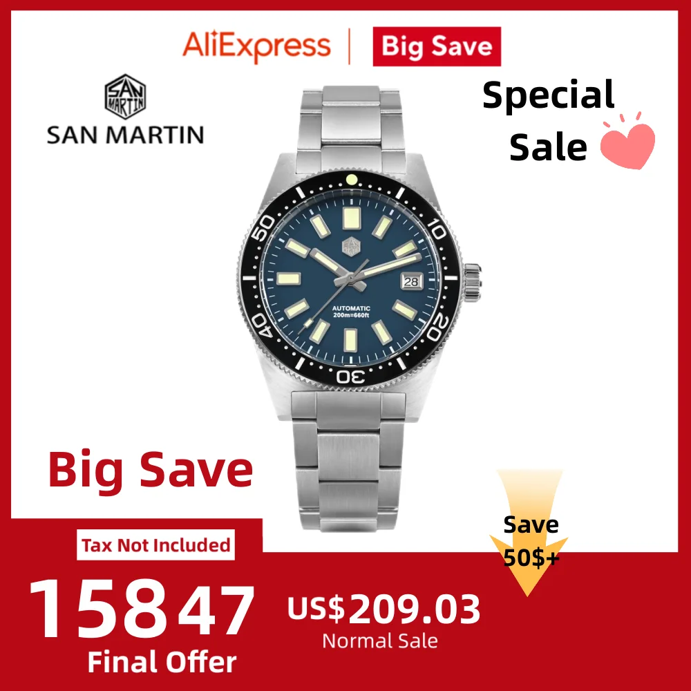 San Martin 39mm 62mas NH35 Automatic Watch Men Waterproof Wristwatch Date 20Bar Bracelet Tropical FKM Rubber Strap Lume SN0007B