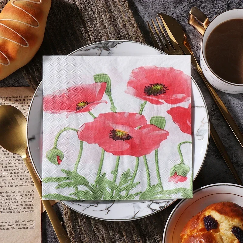 20pcs/pac Paper Napkins Disposable Paper Placemats Red Flowers Wedding Colourful Printed Wedding Decoration Supplies 33*33cm