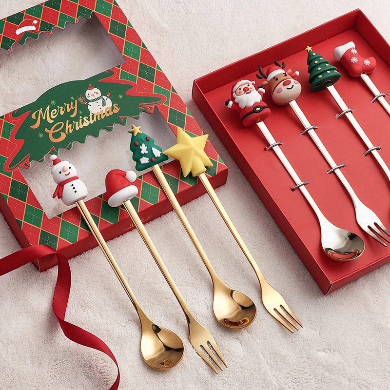 Christmas Fork And Spoon Set Stainless Steel Creative Tableware Coffee Tea Dessert Forks And Spoons Gift Set 2/4Pcs cutlery set western style cutlery set picnic cutlery set stainless steel cutlery set