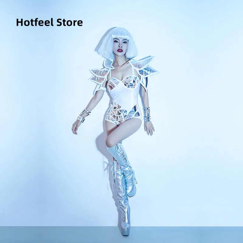 

Women Space Dance Outfit Stage Role Performance Stage Wear Singer Jazz Show Silver Sequins Armor White Bodysuit Cosplay Costume