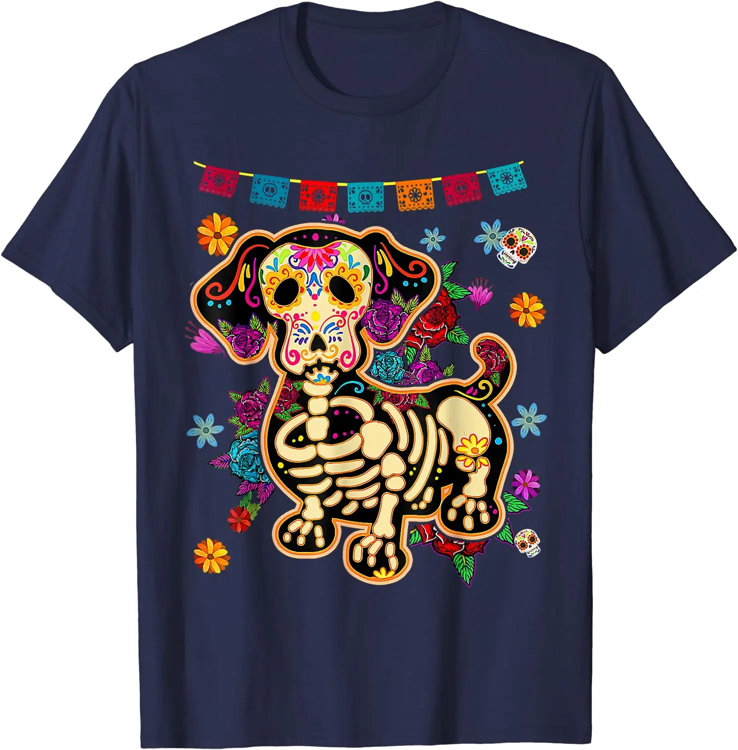 Sugar Skull Mexican Dachshund Bone Halloween Day of Dead T-Shirt Casual Cotton Four Seasons Graphic T Shirts Funny T Shirts short sleeve t shirt,long sleeve t shirt