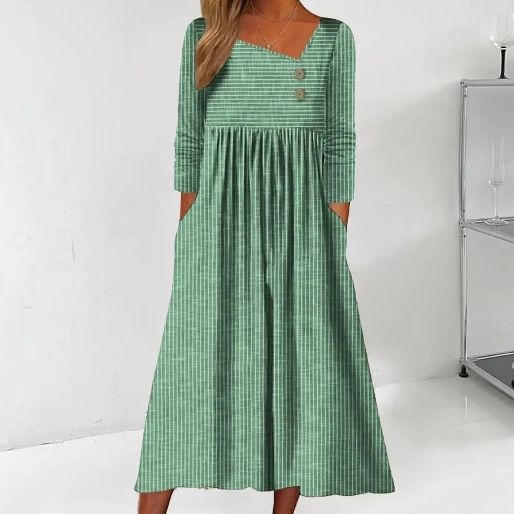 

Comfortable Soft Dress Striped Midi Dresses with Skew Collar Pockets Button Details Loose A-line Fit for Women's Autumn Wardrobe