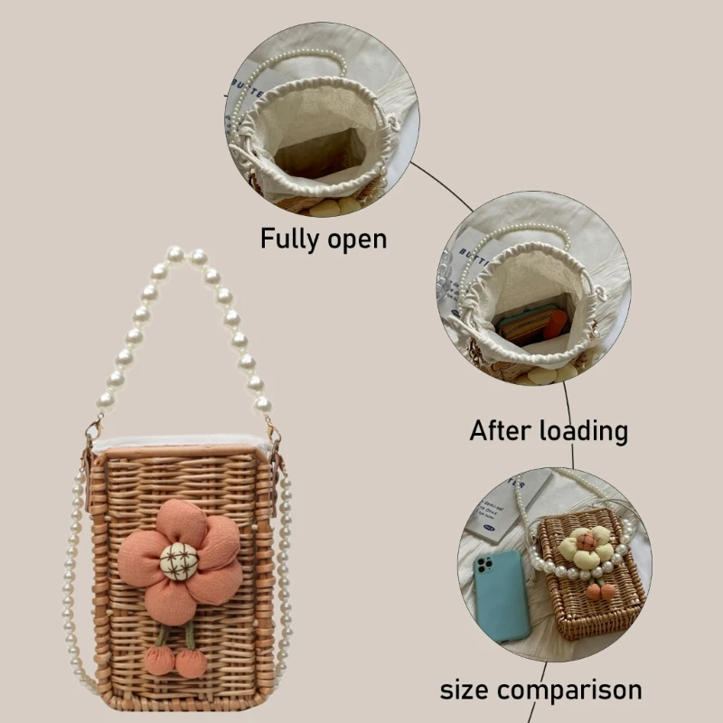 Elegant Drawstring Basket Purse Crossbody Bag Straw Handbag for Everyday Use E74B