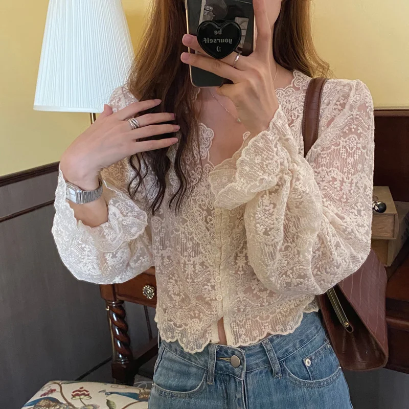 여성용 올 매치 얼짱 셔츠, 섹시하고 사랑스러운 소녀 레이스 슬림 스트리트웨어, 플레어 슬리브, 편안한 레트로 V넥 Mujer 패션, 심플한 인스