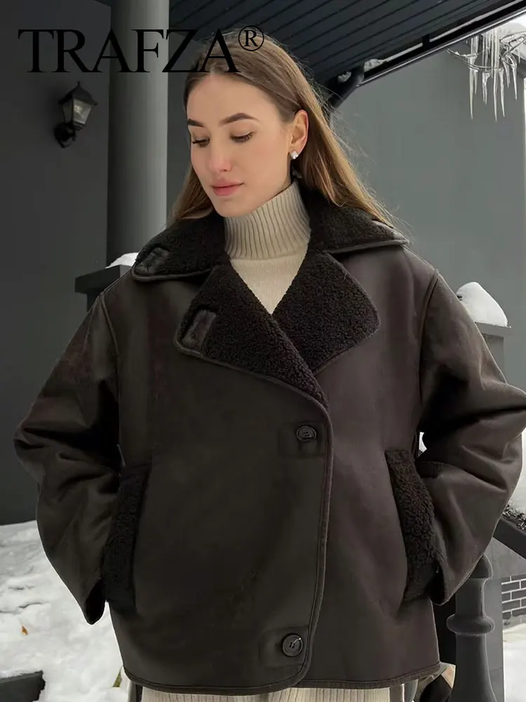 HH Women Vintage Faux Leather Jackets Autumn Winter Warm Wool Blends Single Breasted Coat With Pockets High Street Outerwear