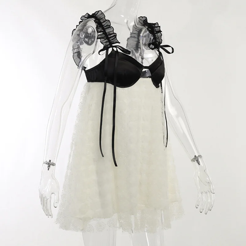 Vestido Fantoye de encaje transparente con retazos para mujer, minivestido sexy con tirantes finos en color albaricoque, informal, holgado, para primavera 2025