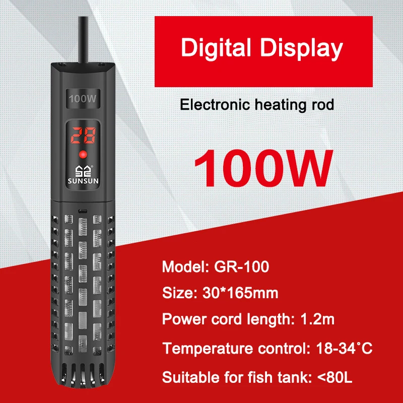 SUNSUN Aquarium Fish Tank Submersible Heater LCD Display Digital Adjustable Water Heating Rod 