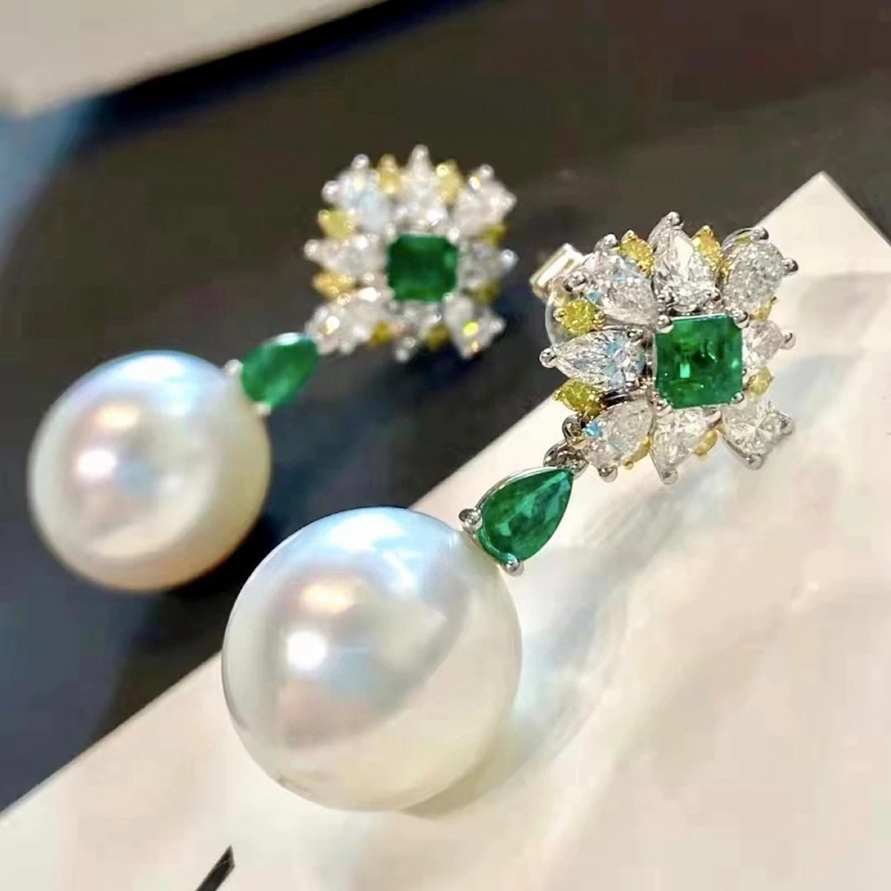 Wong Rain Vintage 925 Sterling Silver Natural Pearl Emerald High Carbon Diamond Gemstone Drop Earrings Customized Fine Jewelry