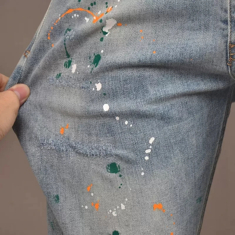 High Street Fashion Men Jeans Retro Light Blue Elastic Slim Fit Ripped Jeans Men Painted Designer Hip Hop Denim Pants Hombre