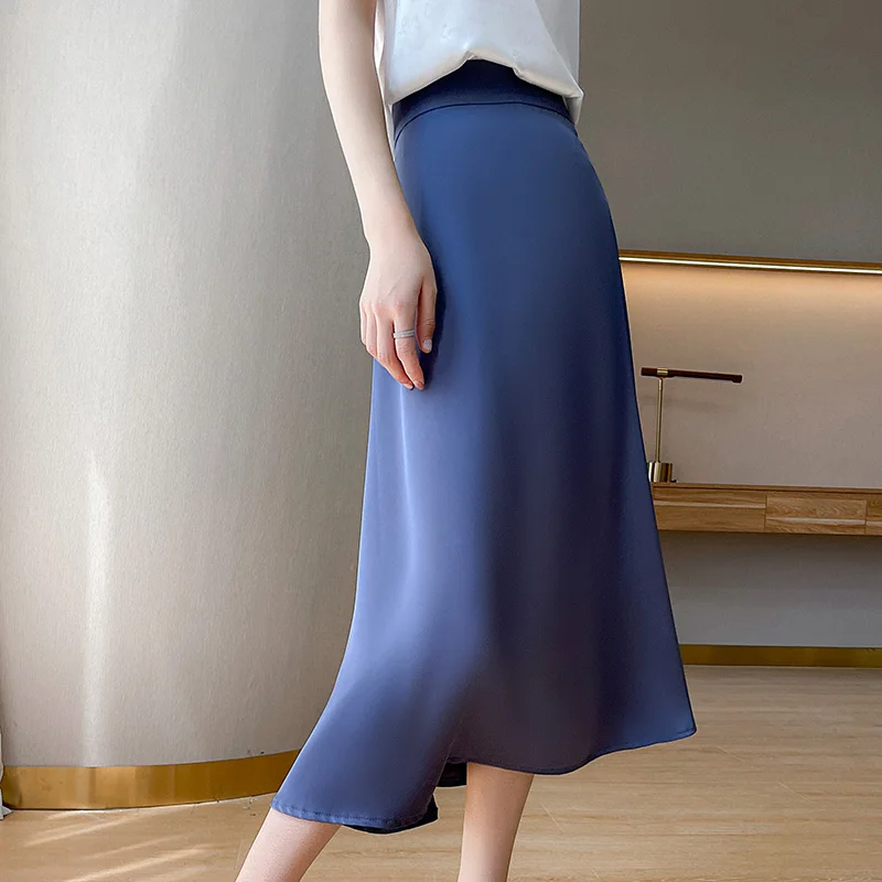 Women's skirt spring/summer new style silk satin skirt casual solid color women's clothes Korean style and calf A-line skirt