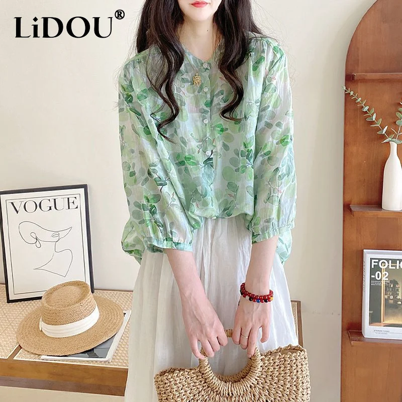 2023 Summer New Elegant All-match Shirt Women Round Neck Three Quarter Single Breasted Cardigan Loose Printing Comfortable Tops