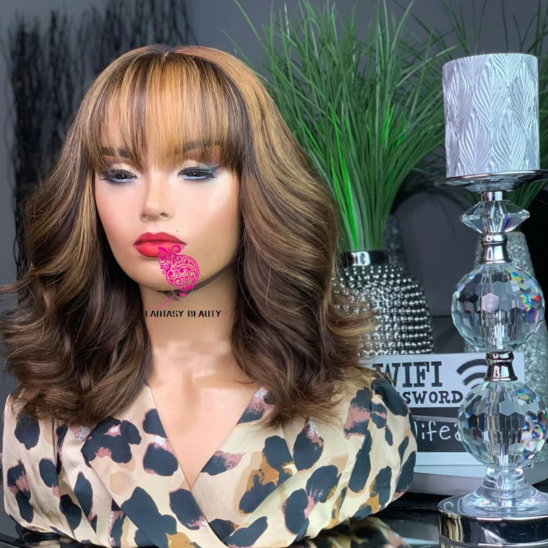 Ombre Body Wave Machine Made Full Human Hair Wigs for Black Women Thick Bangs Glueless Fringe Ombre Highlight #27 Blonde Wigs