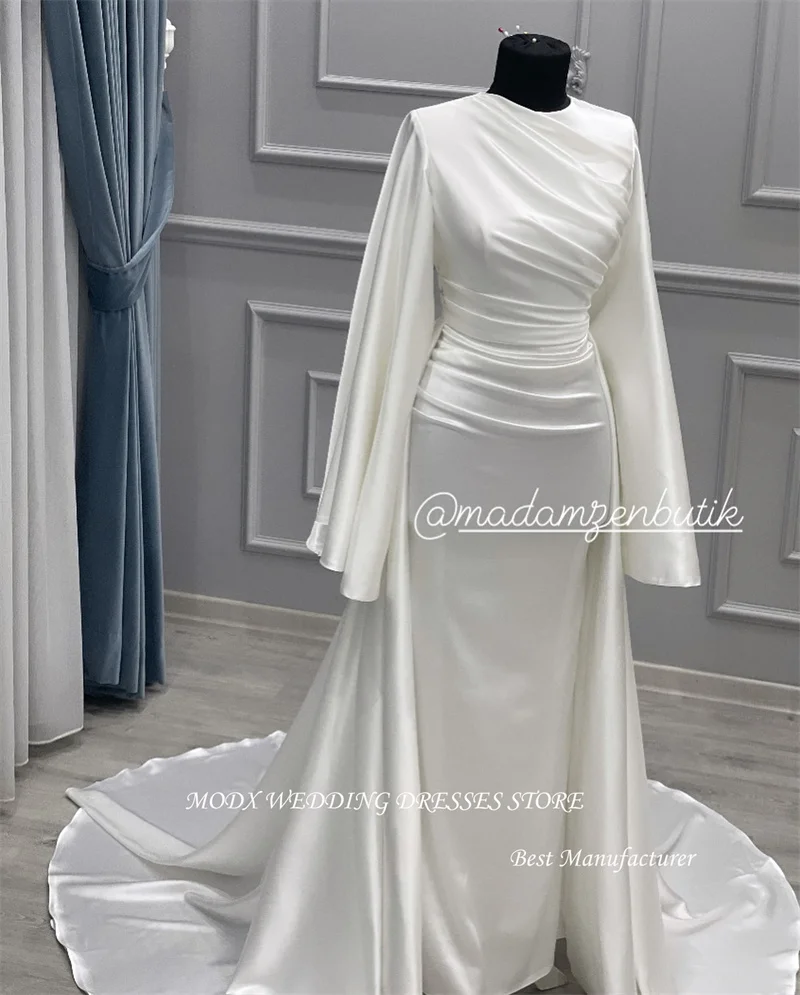 Modest silk satin mermaid wedding dresses O-neck puff long sleeves pleats Dubai Arabic women bridal gowns customized