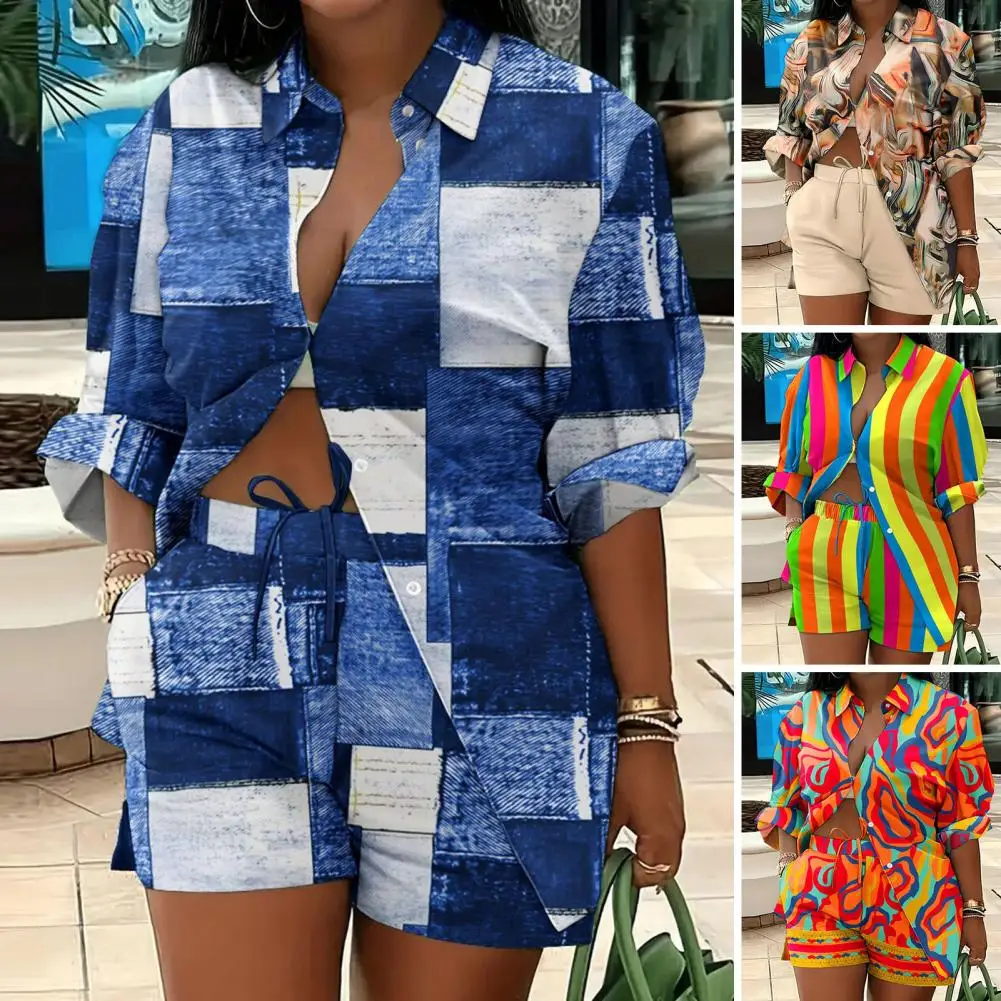 

Женский повседневный комплект из рубашки и шорт, модная женская одежда с принтом, рубашка с лацканами и эластичным поясом и широкими штанинами на шнурке