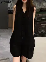 VONDA Women Short Jumpsuits Summer Sexy Sleeveless Rompers Casual Loose Fashion V Neck Pockets Solid Playsuits Party Overalls - Image 3