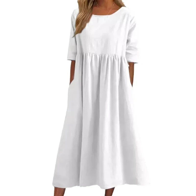 Summer New Cotton and Linen Casual Short Sleeve Pocket Fold Loose Round Neck Women's Dress 300