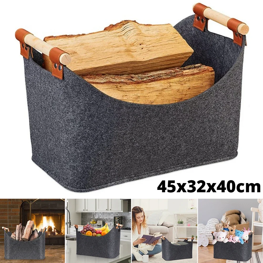 Felt Basket Firewood Box with Wooden Handles Foldable Wood Basket for Firewood Wood Newspapers Clothes Storage Basket 1
