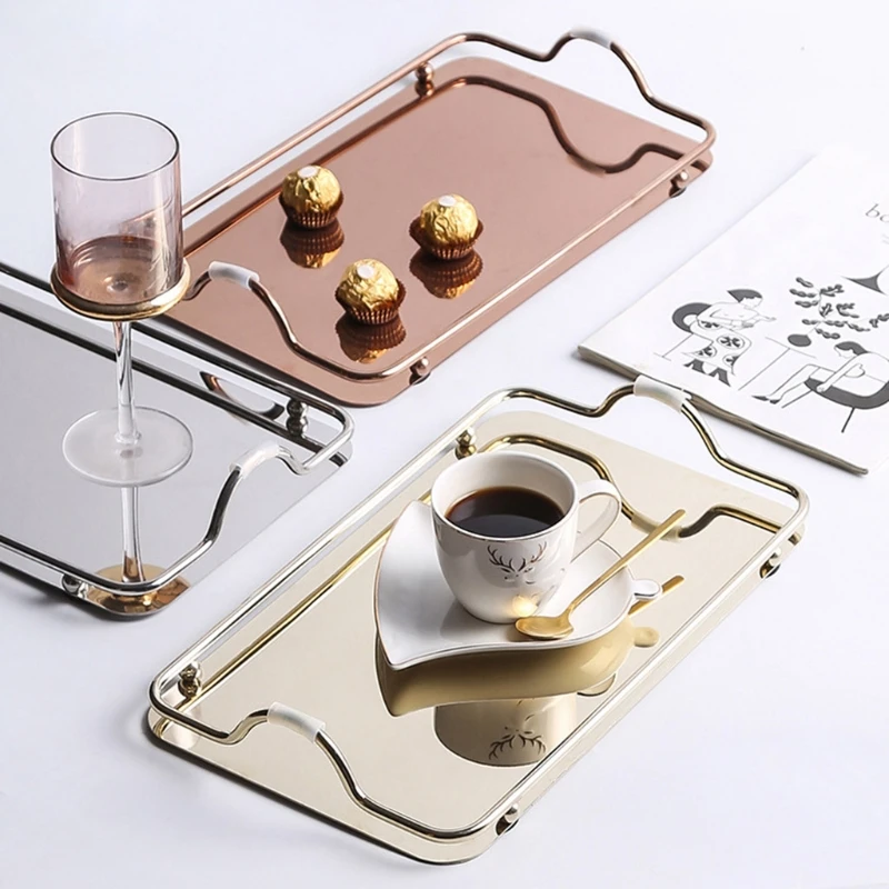 Nordic Style Rectangular Stainless Steel Mirror Tray with Handles Coffee Bar Food Elegant Teapot Cup Storage Hold Serving Trays 2