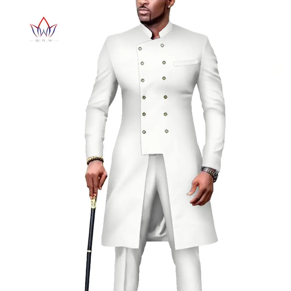 2023 BRW African Clothing Men 2 Pieces Pants Sets Work Wedding Men Long Shirt and Pants Sets Double Breasted Blazer Suit WYN1215 white men suit 2 pieces slim fit tailor made blazer pants single breasted appliques gold wedding groom work wear causal tailored