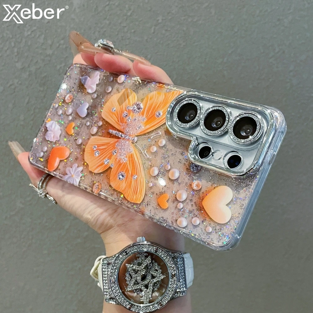 Luxurious Sparkling Diamond Butterfly Pearl Pattern Bling Glitter Silicone Case