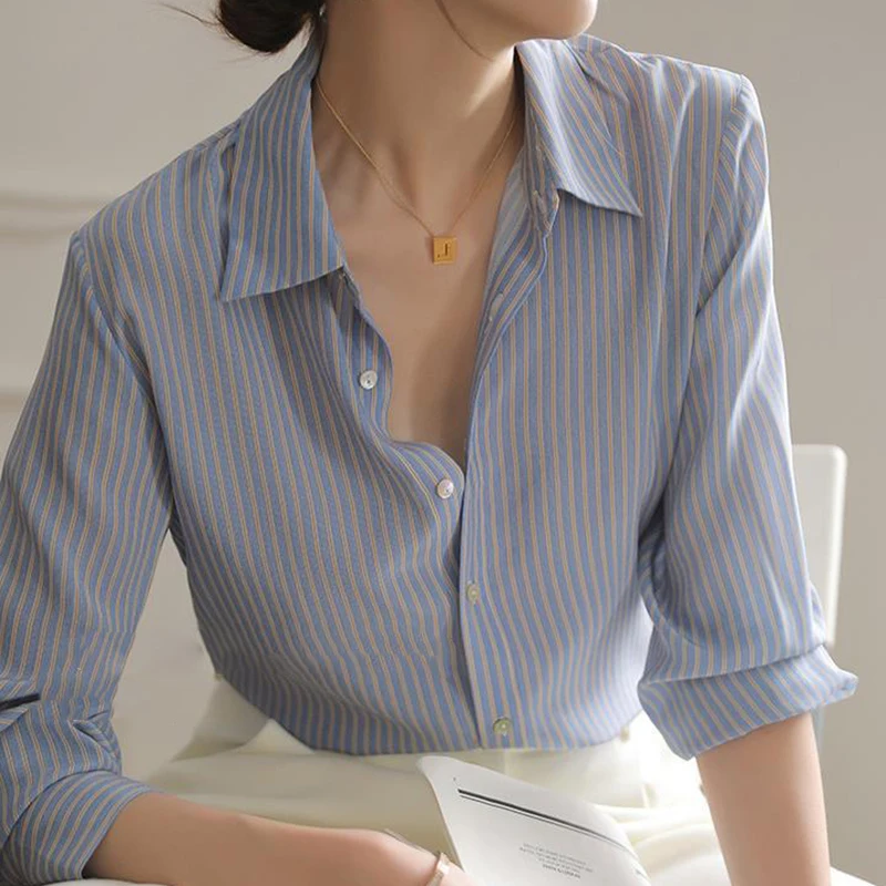 

Blue Striped Button Up Shirt Women 2023 Spring Fashion Silk Long Sleeve Lapel Loose Blouse Top Office Lady Elegant Formal Shirts