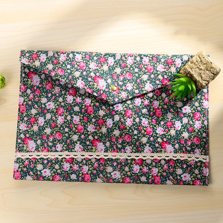 Stock Clear Korean Cute Floral Fabric File Bag A4 Size Paper Storage Bag File Folder Button School Office Supplies 1Pc