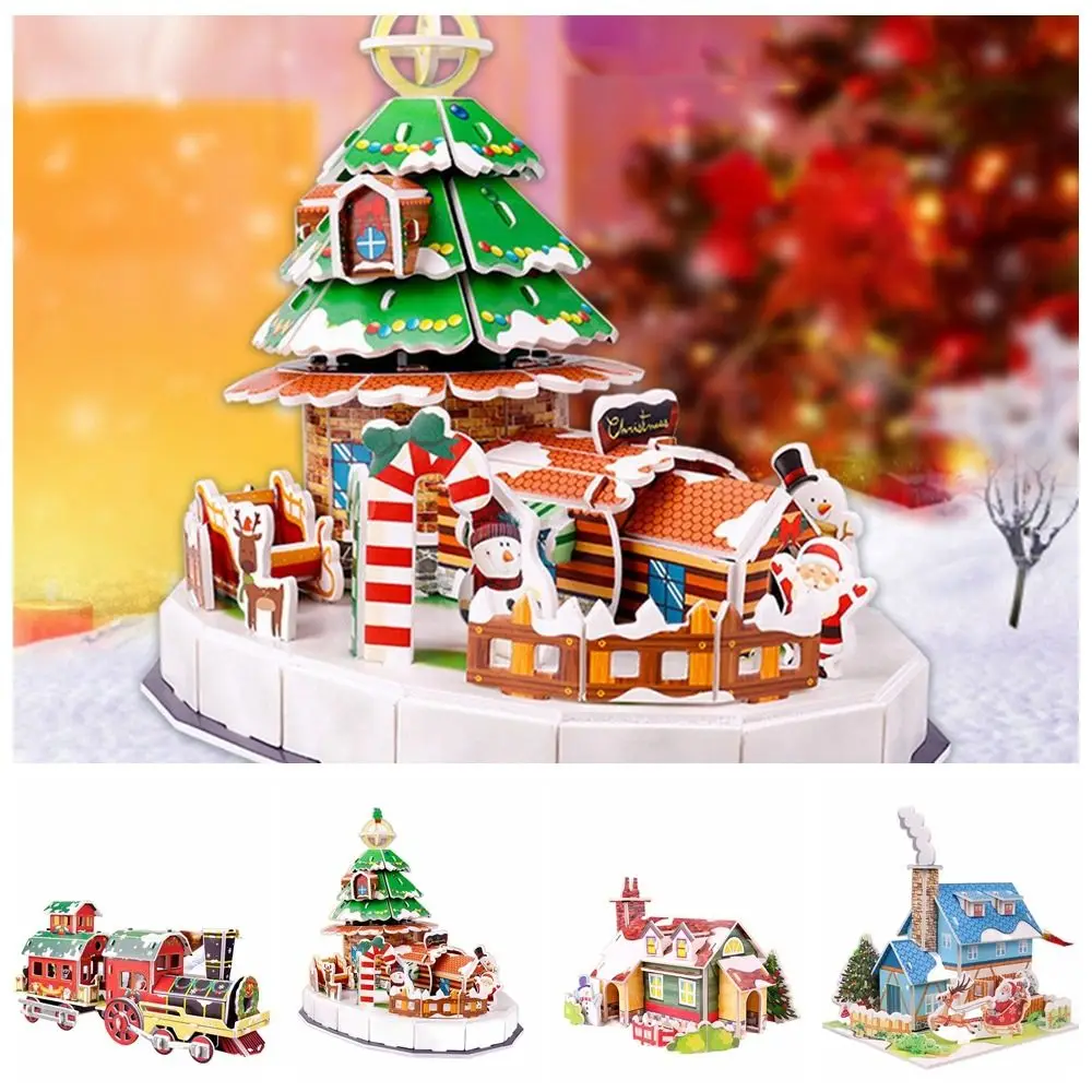 Christmas House Christmas 3D Puzzle Cartoon Train DIY Children Model Toy Christmas Tree Handmade Paper Card Jigsaw Kindergarten