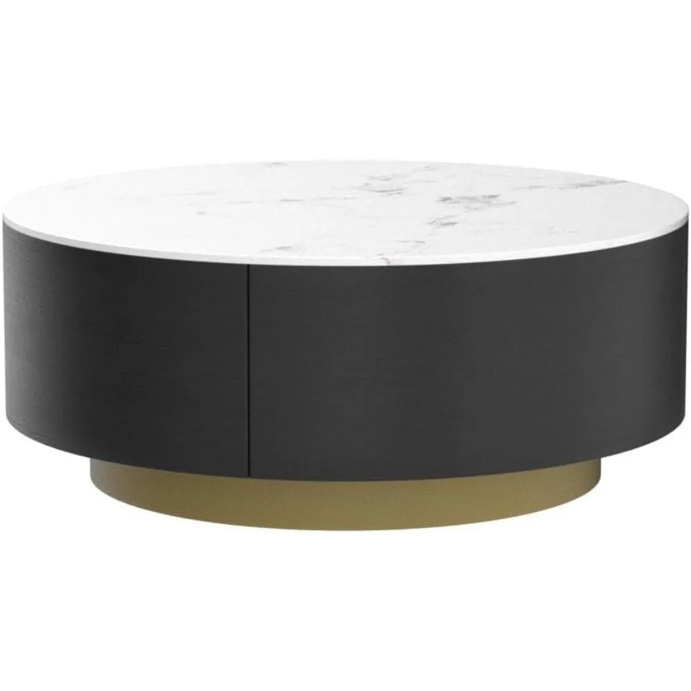 Modern circular coffee table with 2 drawers, stone burning tabletop, living room central table, 33.4-inch coffee table 4