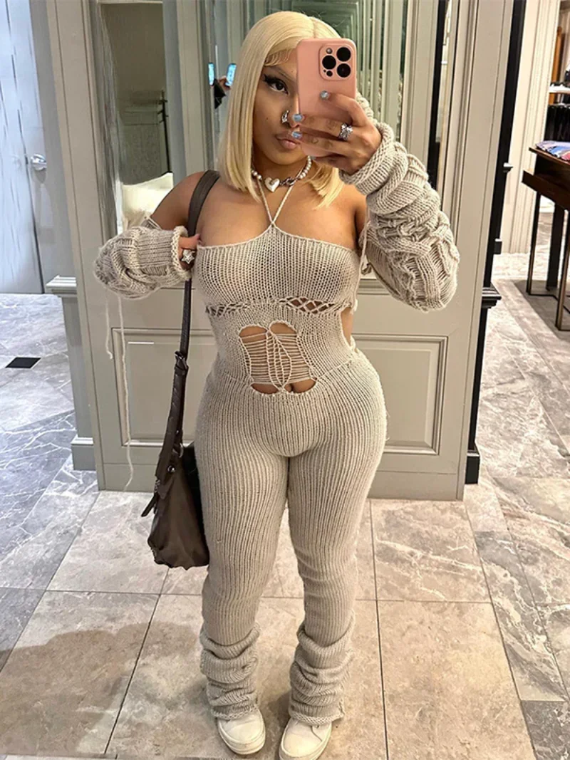 

Fashion Casual Knit Jumpsuit Woman 2024 Autumn Winter Halter Neck Hollow Out Bodysuit Streetwear Sexy Bandage Night Club Outfit
