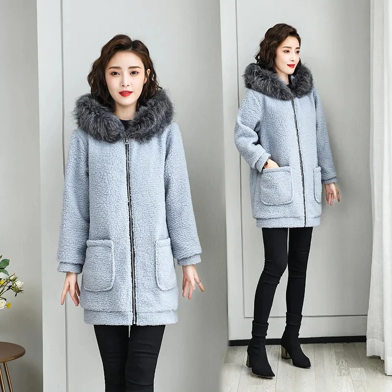 

Faux Fur Coat Women Hooded Winter Jacket 2023 New Loose Oversize Grain Cashmere Lamb Wool Coats Female Long Warm Parkas 5XL