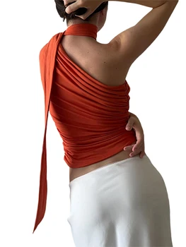 Women Solid Color Tank Tops One Shoulder Oblique Collar Sleeveless Vests Summer Fit Crop Tops with Choker 2